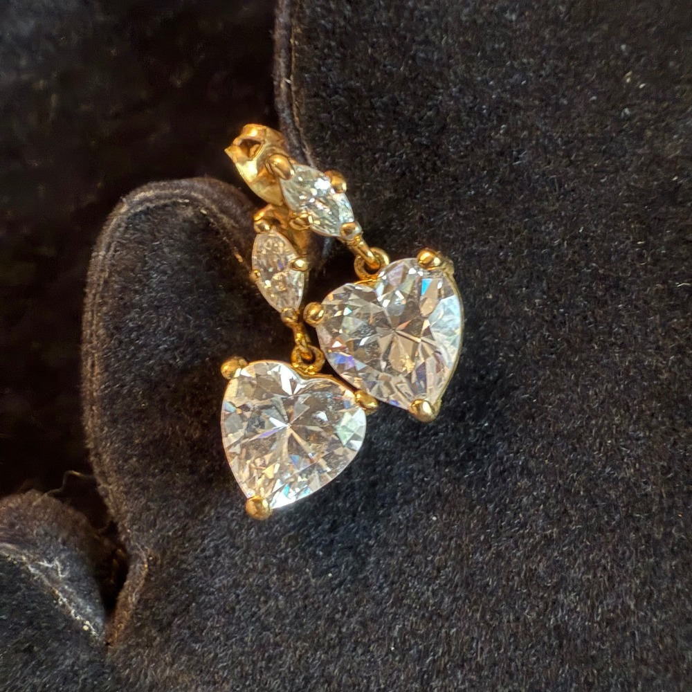 Unmarked Gold Tone Heart Marquise Crystal Drop Earrings Clear Stone Dangles
